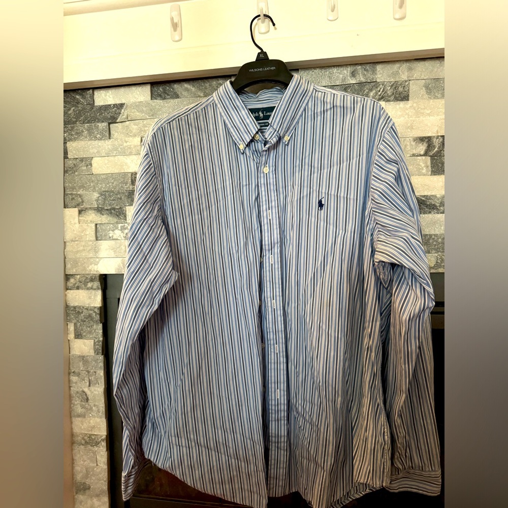 MENS XL Ralph Lauren Button Up shirt- Striped Blue and White, logo is black